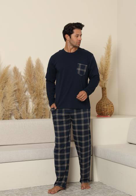 Pijama Barbati ,Maneca si Pantaloni Lungi, Culoare Bleumarin cu Crem,Engros